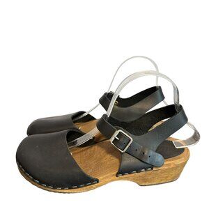 Lotta From Stockholm Swedish Wood Black Leather Low Clog Size 41 9.5 Womens Wood